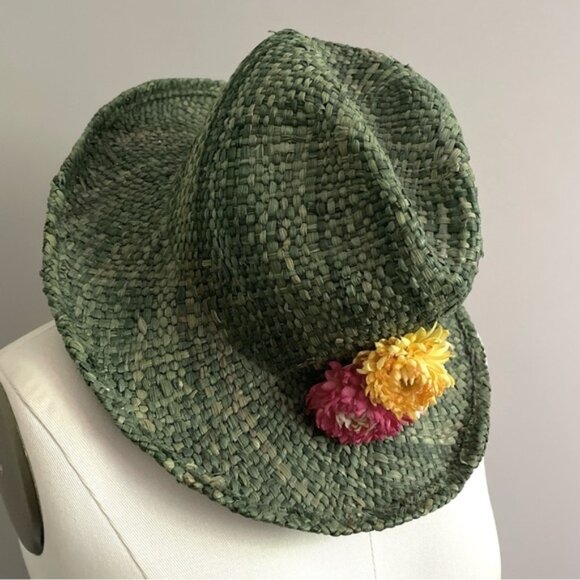 Vintage Green Straw Fedora Hat w/ Flowers - made by Vicki Sather 🇨🇦 - Picture 2 of 11